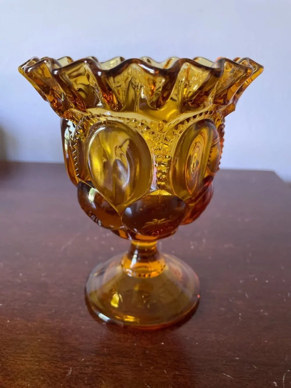 Vintage L.E. Smith Amber Glass Moon and Stars Pedestal Compote Candy Dish crimpe